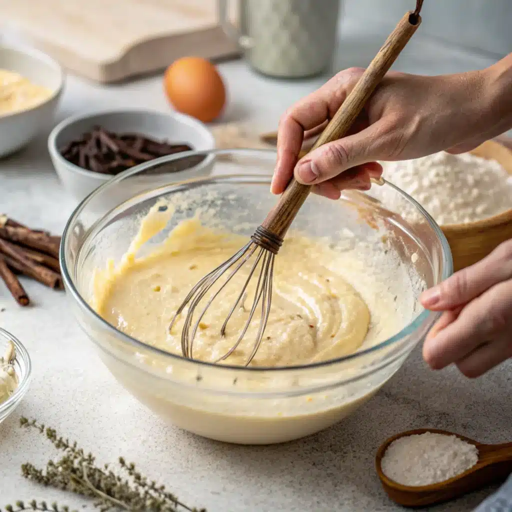 Heavenly Vegan Vanilla Bean Cake: Moist, Perfect & Magically Delicious! 7 Mixing vegan vanilla cake batter with visible vanilla seeds