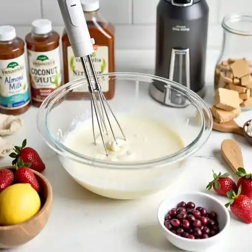 A cozy kitchen scene featuring ingredients for homemade vegan ice cream, including coconut milk, almond milk, fresh fruits, and agave syrup. A hand mixes the ingredients in a rustic kitchen setting.