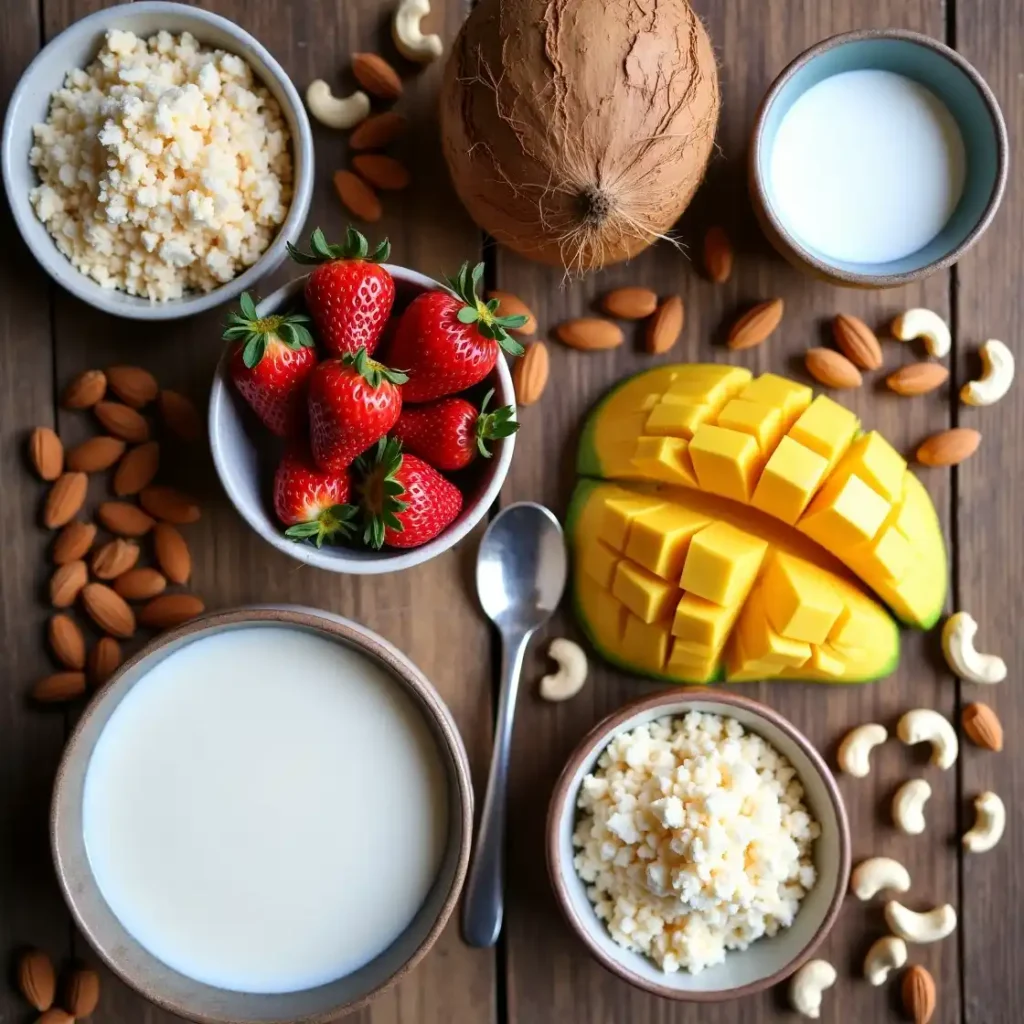 An assortment of plant-based ingredients for Veganista Ice Cream, including coconut milk, almond milk, fresh strawberries, mangoes, cashews, and coconut flakes.