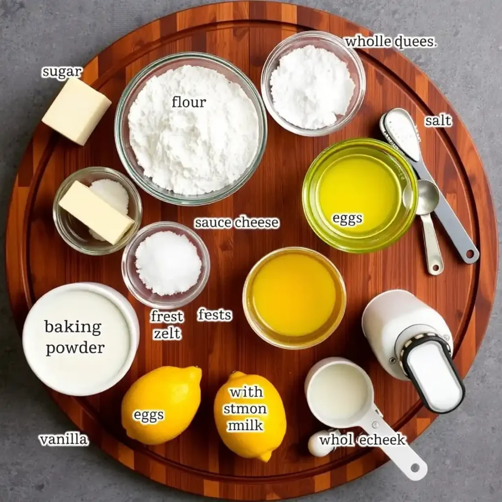 An assortment of ingredients for lemon pound cake with cream cheese on a wooden surface. Includes flour, sugar, eggs, butter, cream cheese, fresh lemons, milk, baking powder, and vanilla extract