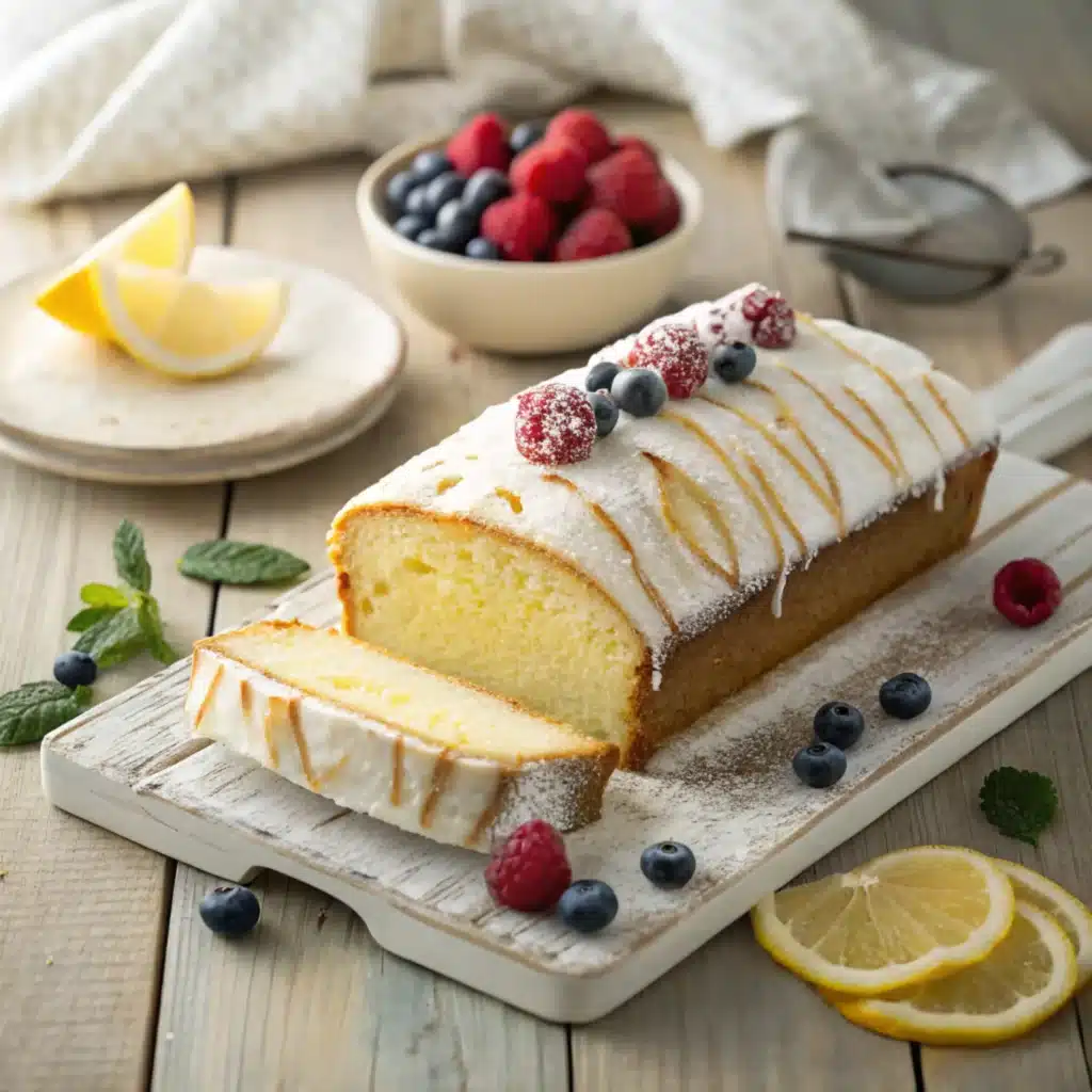 A slice of moist lemon pound cake with cream cheese frosting, garnished with fresh berries and lemon slices, beautifully presented on a rustic wooden table