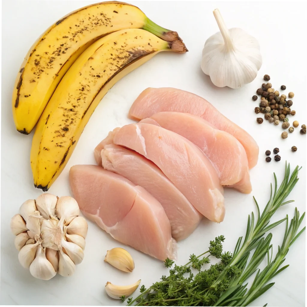 Ingredients for Chicken Banana: chicken breasts, ripe bananas, garlic, and fresh herbs