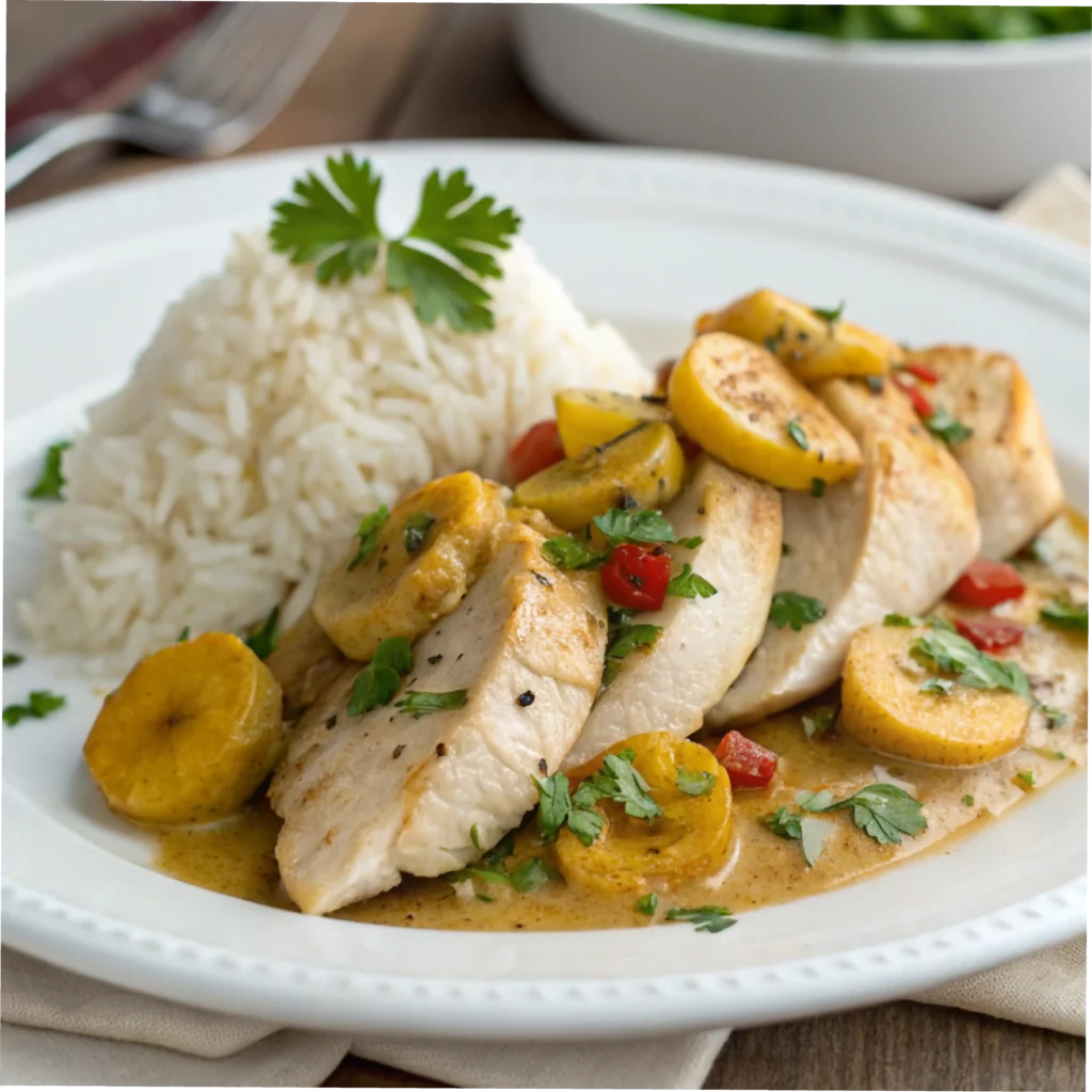 A plated Chicken Banana dish served with rice and garnished with fresh parsley"