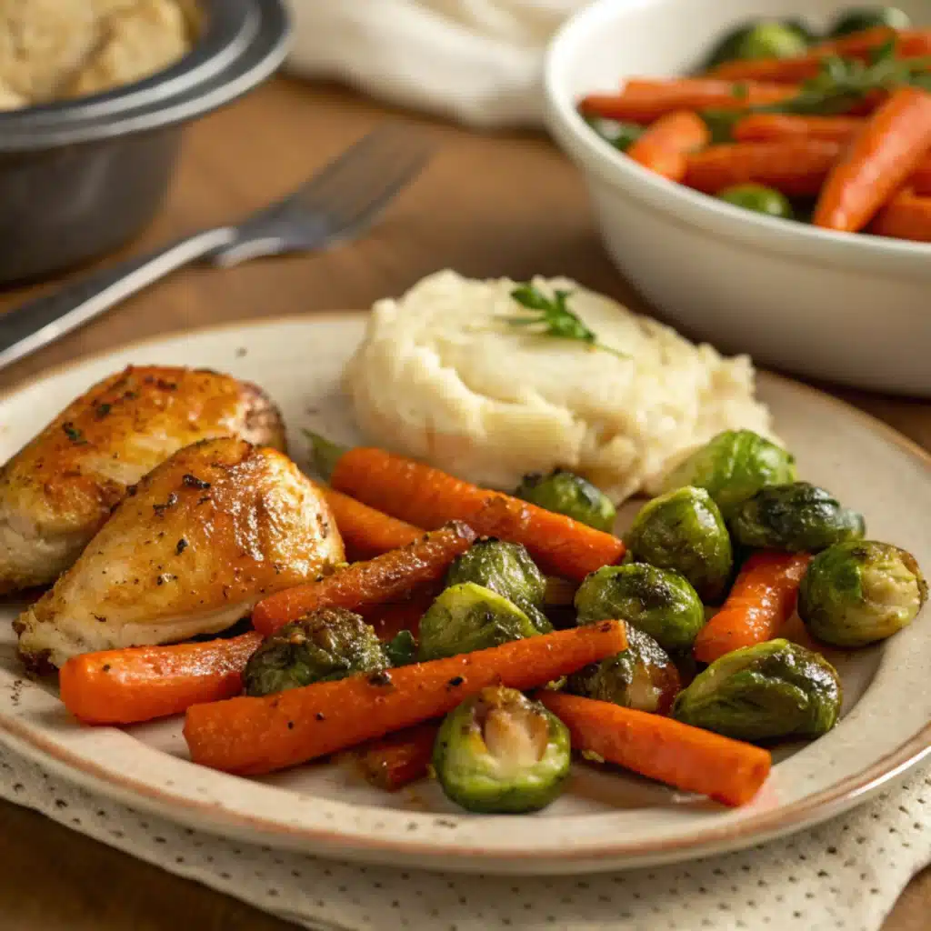 roasted carrots and Brussels sprouts on dinner plate