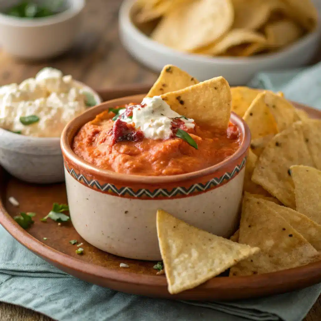 Buffalo chicken dip with cottage cheese served in a ceramic bowl with tortilla chips dipped inside, close-up view