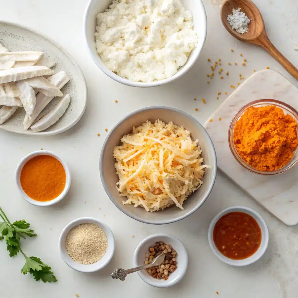 Buffalo chicken dip ingredients including cottage cheese, shredded chicken, buffalo sauce, cheddar, and spices arranged on a kitchen counter