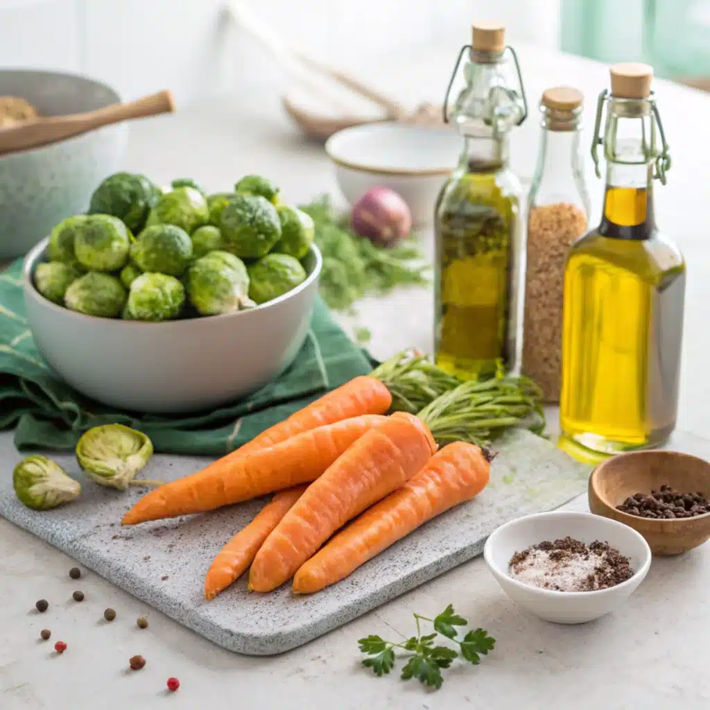 raw carrots and Brussels sprouts with seasoning