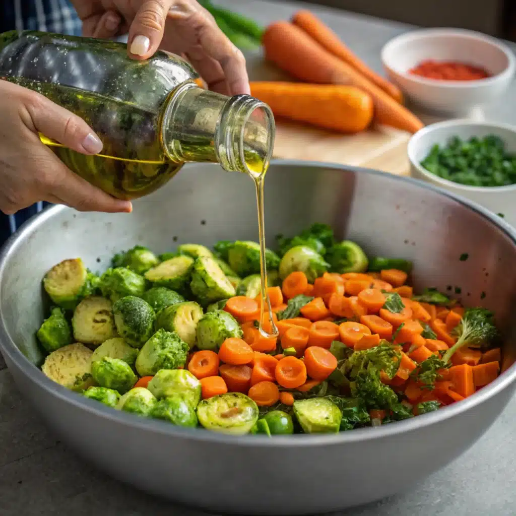 mixing carrots and sprouts with oil and herbs