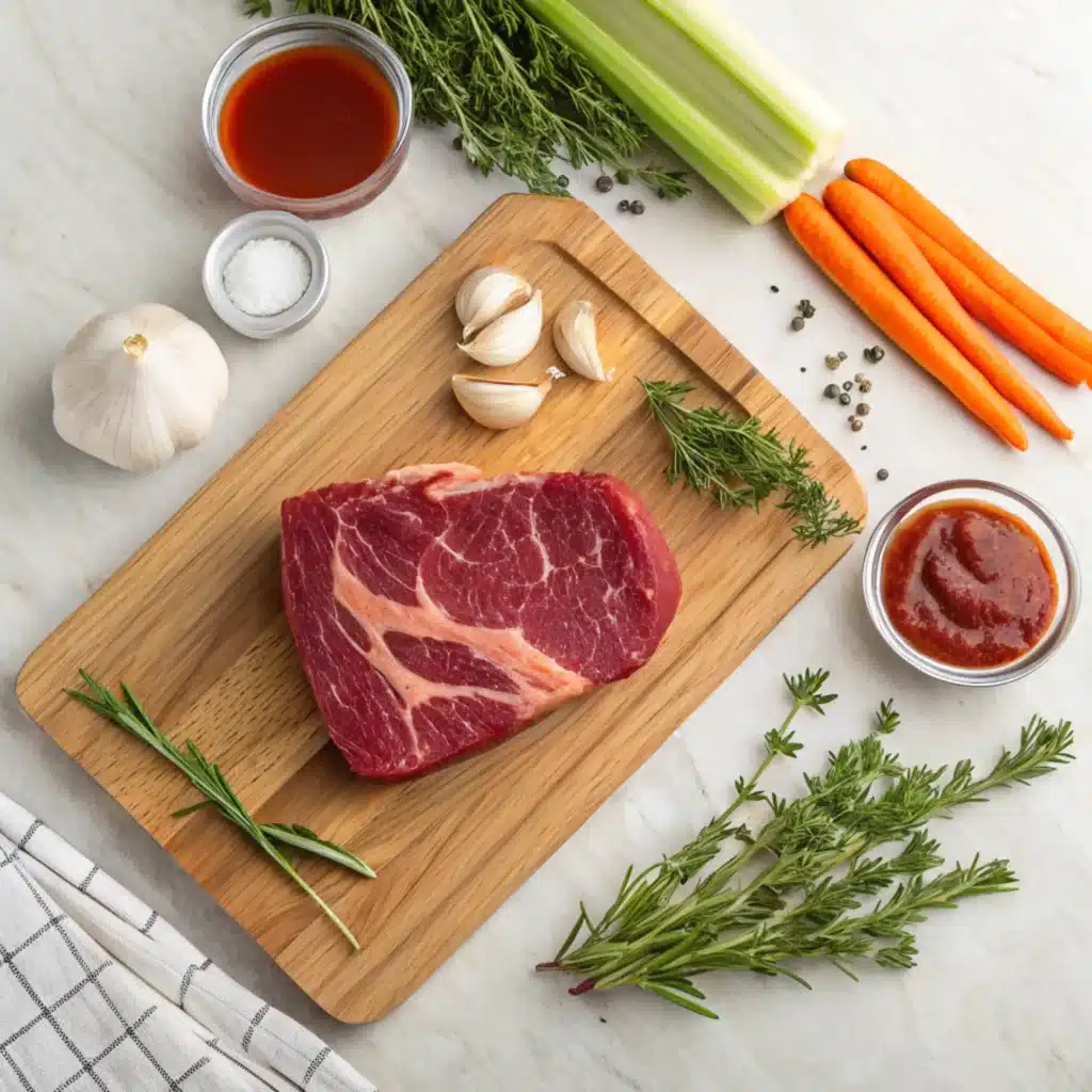 Raw ingredients for instant pot beef chuck roast recipes: chuck roast, herbs, vegetables