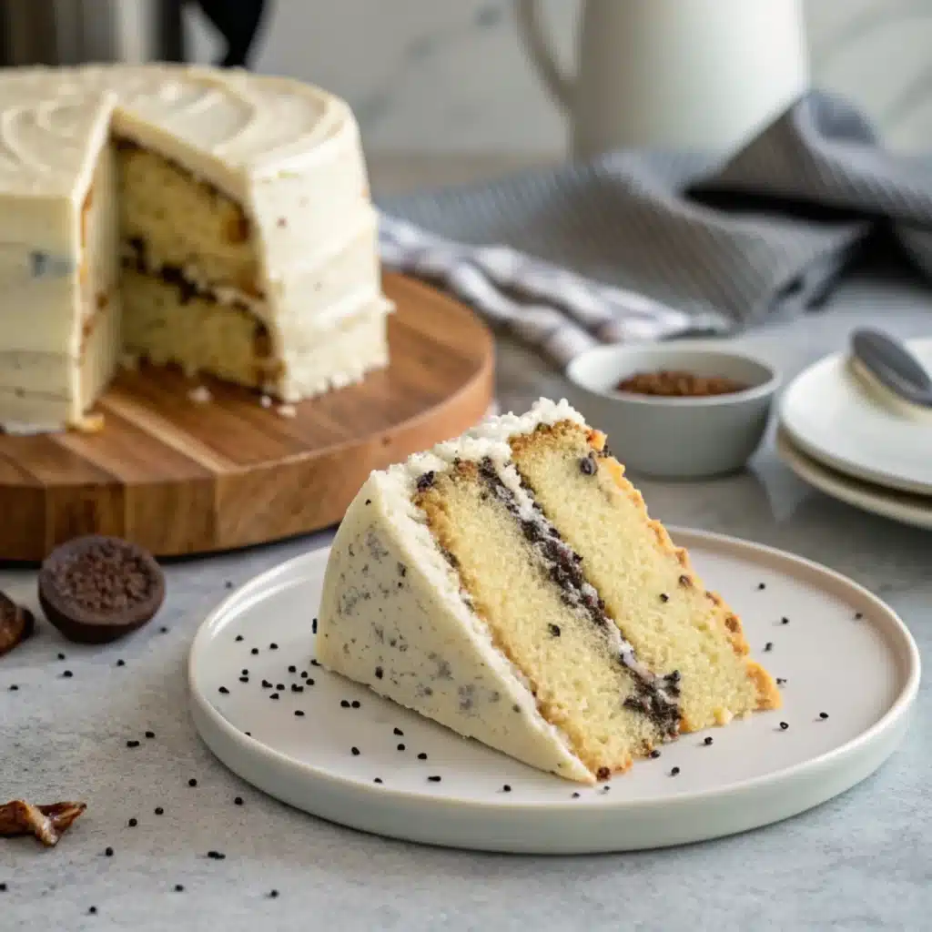 Heavenly Vegan Vanilla Bean Cake: Moist, Perfect & Magically Delicious! 5 Moist vegan vanilla bean cake slice with real vanilla specks on marble