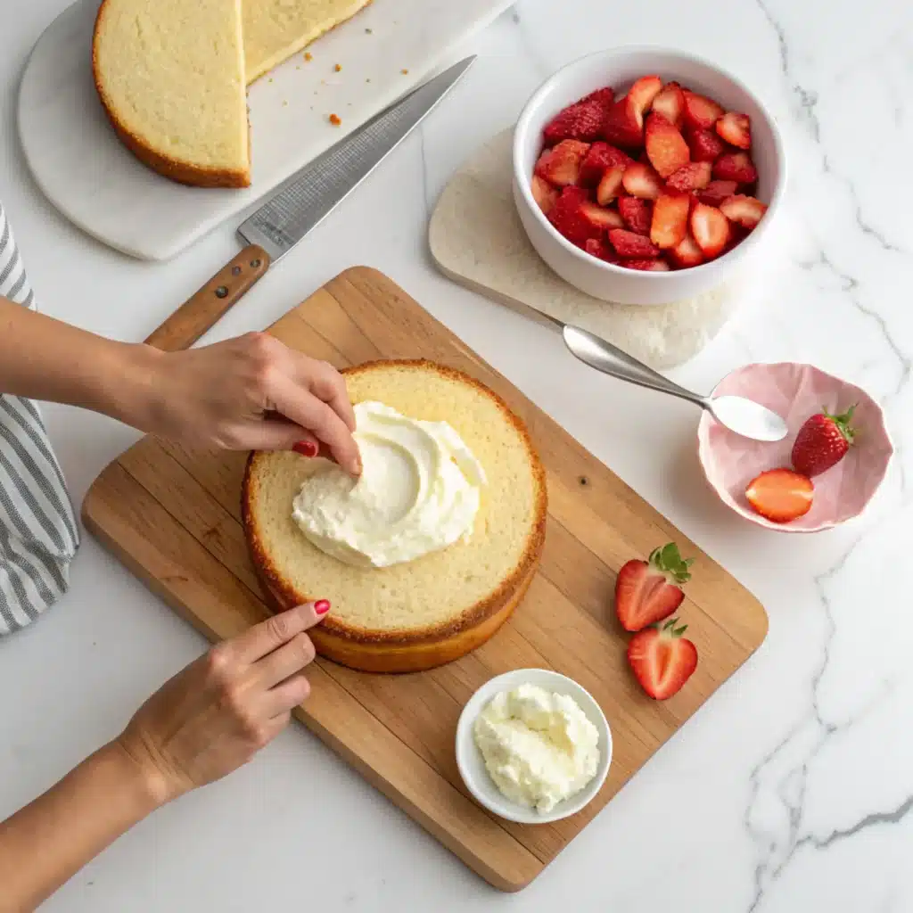 layering cream cheese and strawberries in pound cake