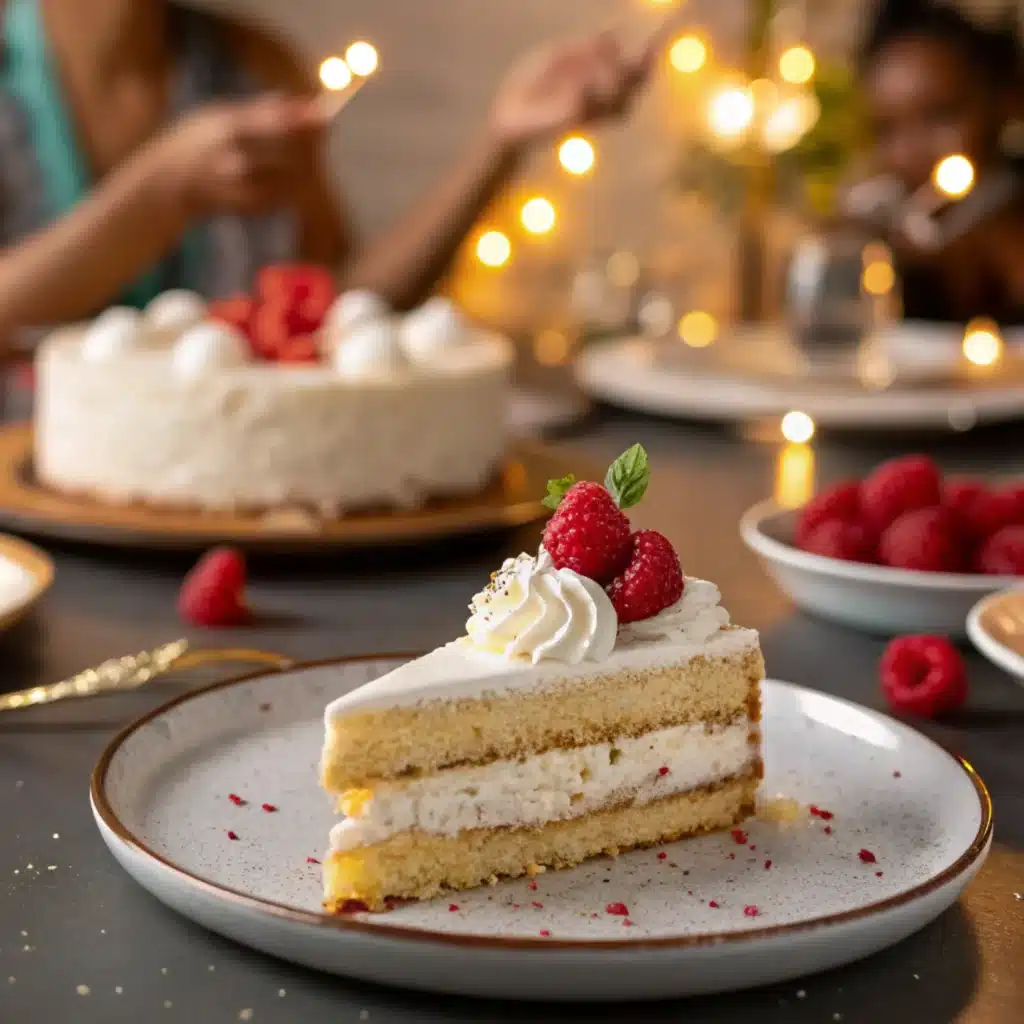 Heavenly Vegan Vanilla Bean Cake: Moist, Perfect & Magically Delicious! 8 Vegan vanilla bean cake slice served at birthday party
